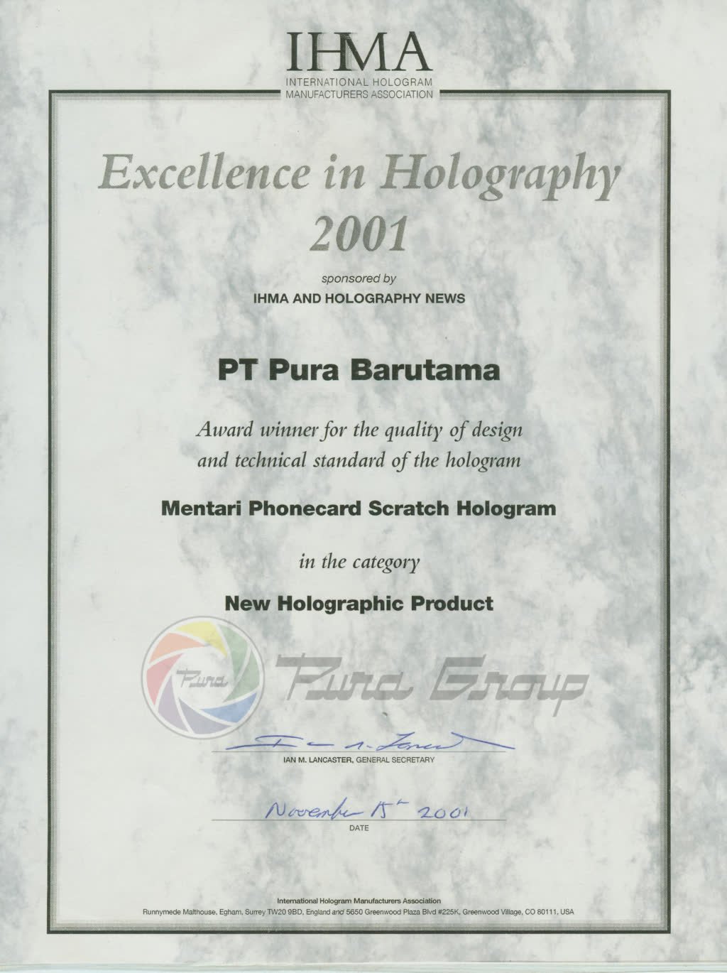 EXCELLENCE IN HOLOGRAPHY 2001
