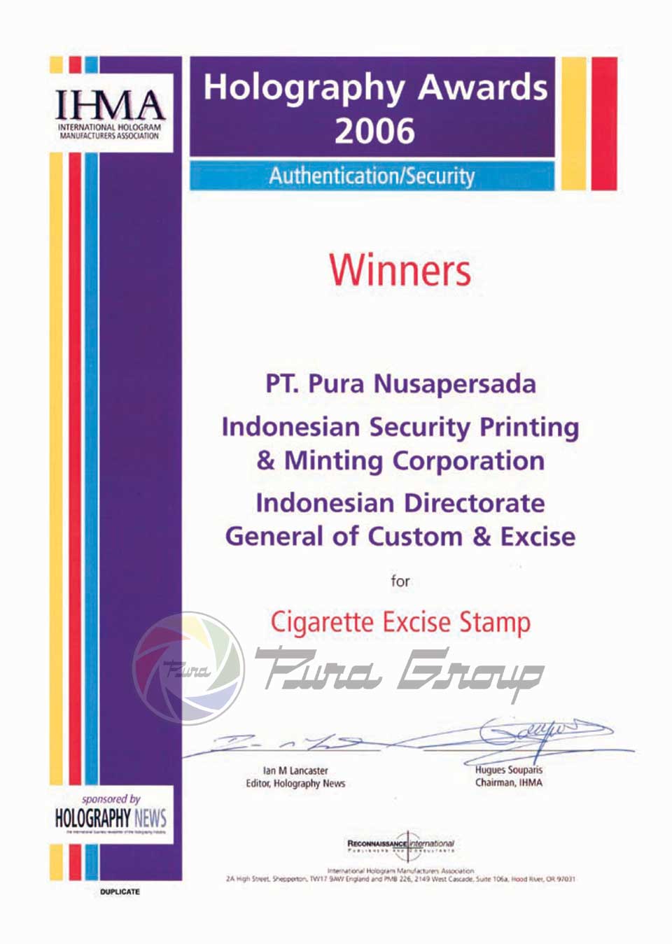 IHMA AWARDS 2006 FOR AUTHENTIFICATION ON EXCISE STAMP